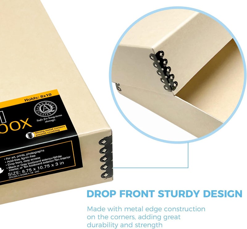 Lineco Museum Archival Storage Box, 8.75x10.75x3 in. Drop Front Design. Acid-Free with Metal Edge. Organize Photos, Pictures, Prints, Documents, Crafts, DIY. Tan, 1 Pack - Image 4